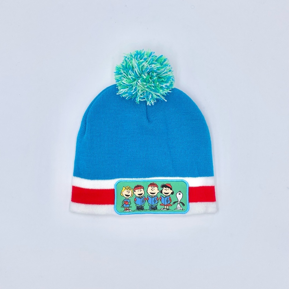 Peanuts Snoopy Charlie Brown Caroling Blue Pom Beanie Winter Hat Adult OSFM